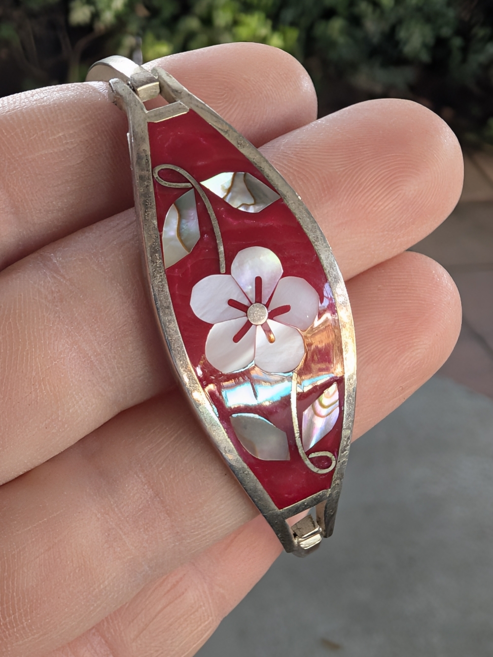 Mexico Alpaca Red Floral Mother-of-Pearl Inlay Bracelet